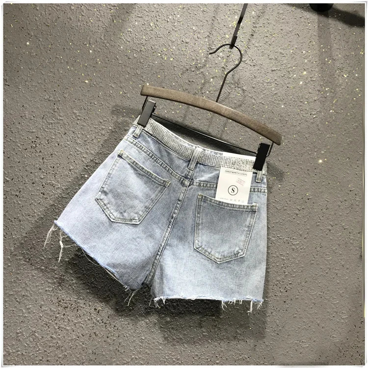 Summer Ladies Womens High Waisted Rhinestone Tassel Ripped Irregular Blue White Denim Shorts Woman Korean Jeans Shorts 250217