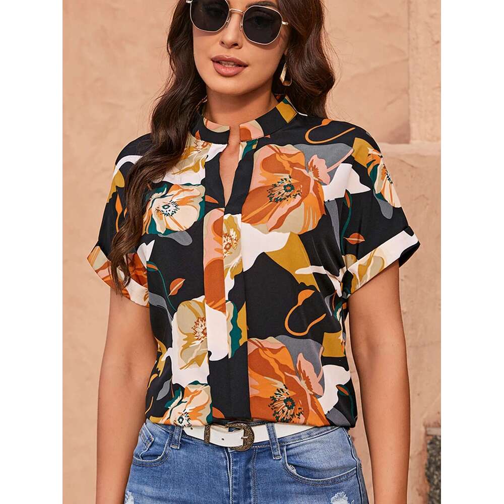 Fashion Retro Wer Print Women Shirts Summer New Casual V -Neck Short Sleeve Blouses Tops