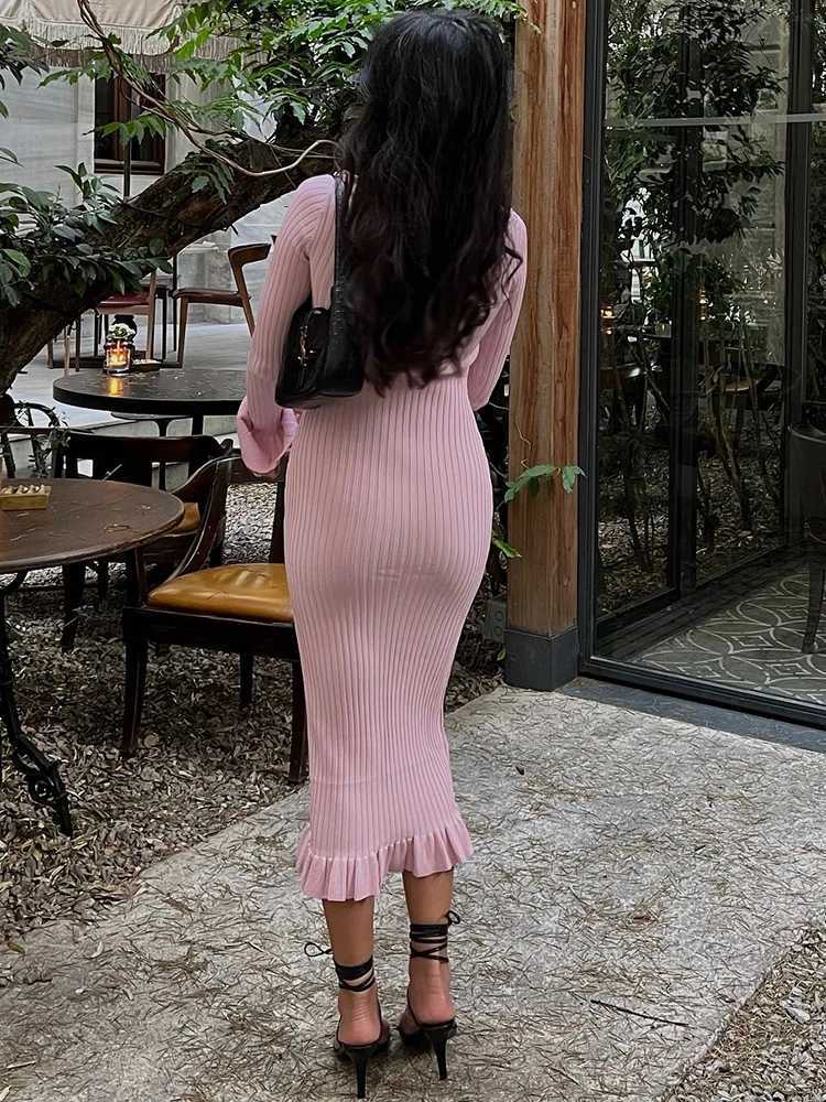 Basic Casual Dresses Fantoye Turn-down Collar Ruffles Women Maxi Dress Flare Slve Single Breasted Dress Female Autumn Elegant Party Clubwear H25217