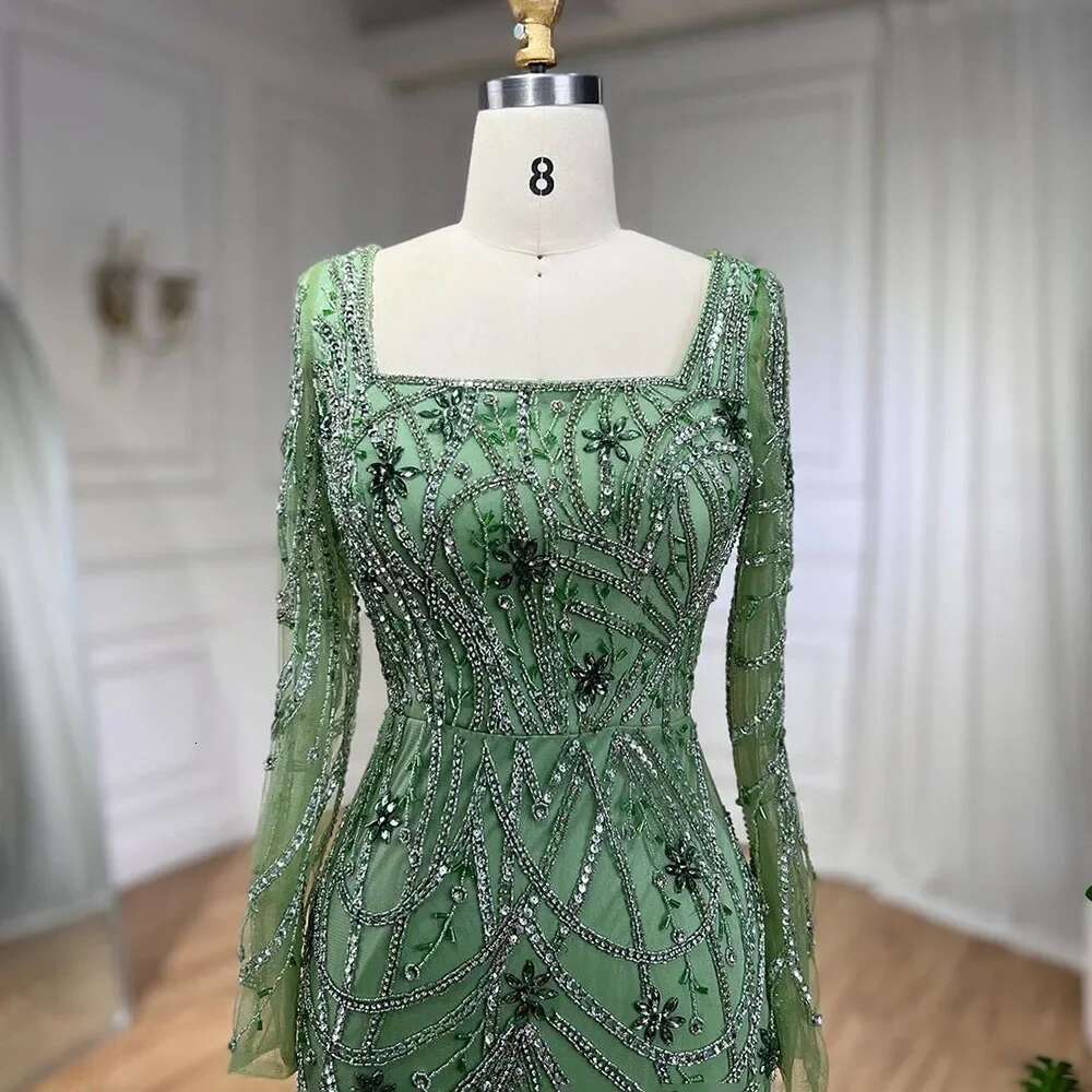 Green Dubai Mermaid Elegant Crystal Beaded Arabic Evening Dresses Gowns Customize Party