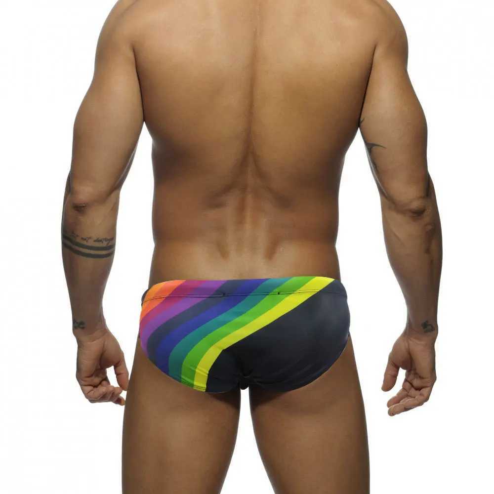 Swimsuit Rainbow Print Low Waist Mens Triangle Swimsuit Cup Anti-Embarrassment Tether Beach Pants M250218