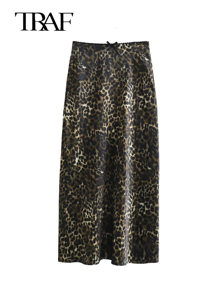 TRAF Women Vintage Chic Leopard Skirt Fashion Spring Summer Holiday Zipper Long Straight 250213