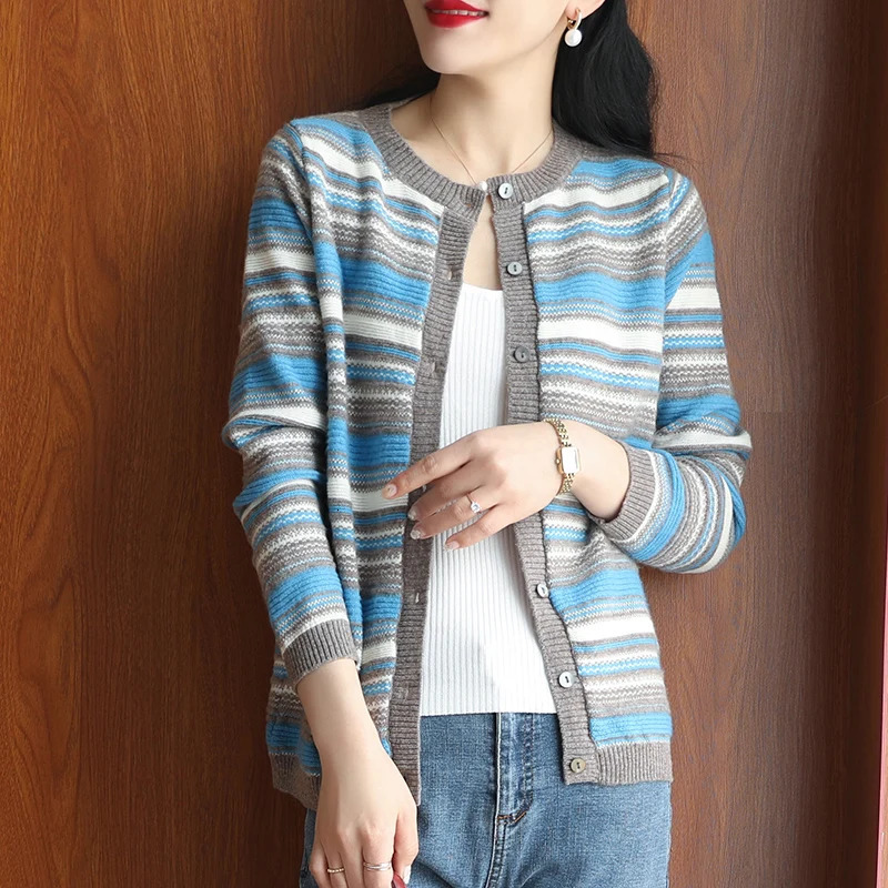 Foreign trade export coat spring and autumn wool cardigan womens Round neck knitted sweater female striped outer wear top 250211