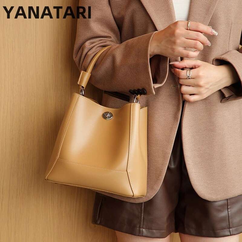 YANATARI Bucket Woman Tote Genuine Cow Leather Shoulder Ladies Handbags Big Shopper Bag Fashion