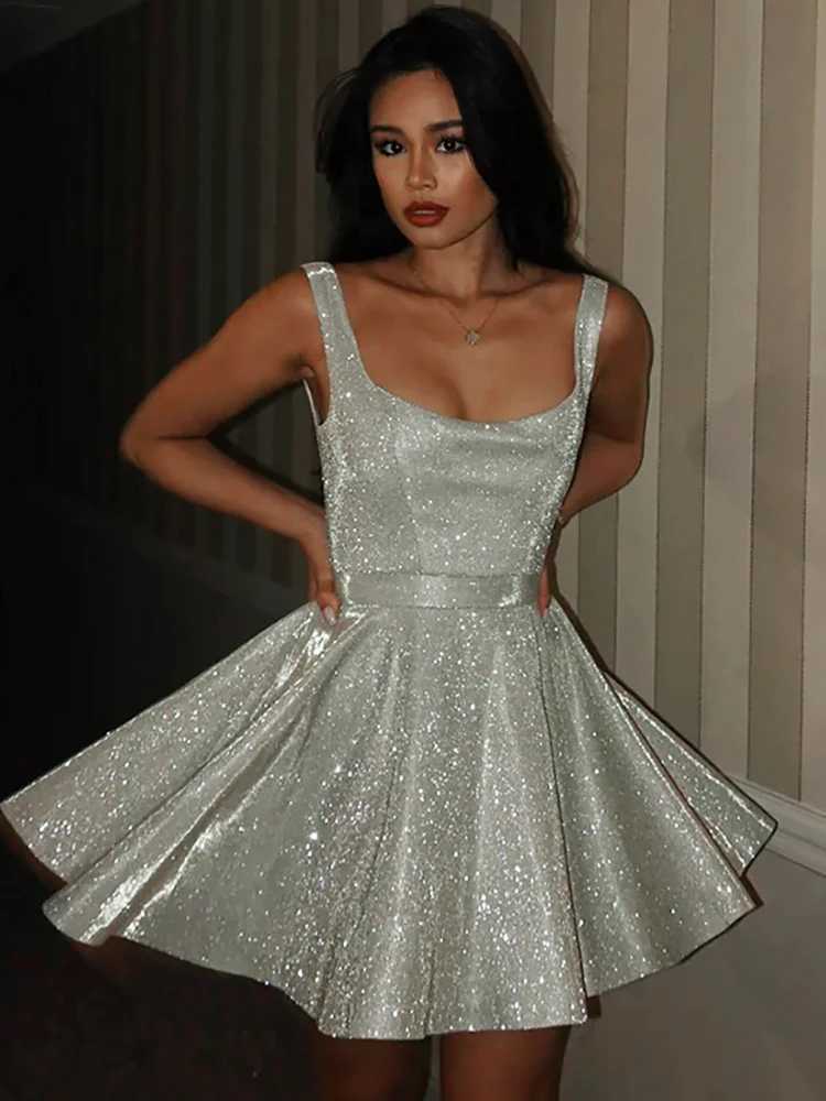 Basic Casual Dresses Fantoye Glitter Bright Silk Sparkling Women Dress Silver Spaghetti Strap A-line Dress Femme Autumn Skinny Elegant Party Clubwear 