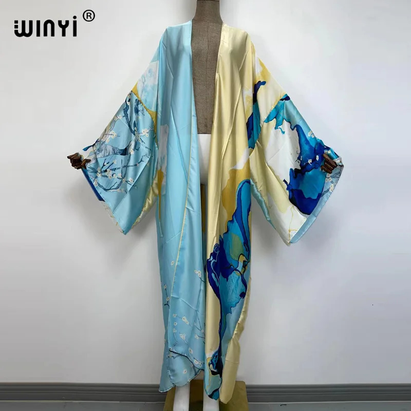 Kimono Verano Womens Sukienka Printed Long Sleeve Open Collar Shirt Loose Casual Beach Cover Bohemian Dress Party Kaftan 250212