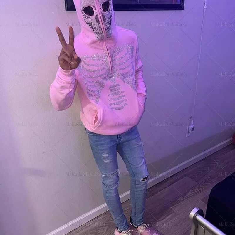 Womens Y2K Rhinestone Skeleton zip Oversized Sweatshirts autumn Goth Hoodies Grunge Pink Hooded Jacket Streetwear 250217