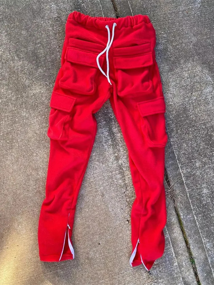 Men Oversized Cargo Pants Streetwear Long Step Pants Solid color wool three-dimensional Pockets Slim Panelled Warm trousers male 250217