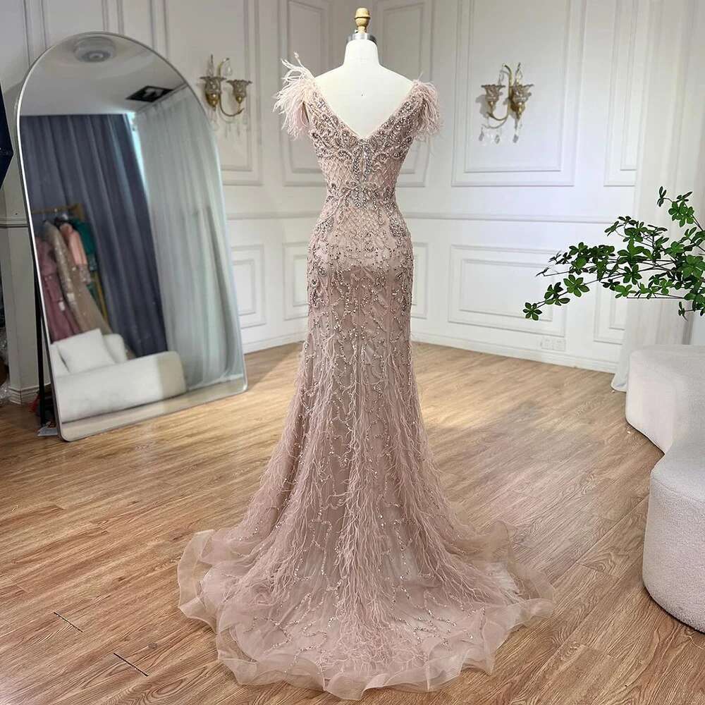 Dia Nude Feathers Sleeveless Sexy Mermaid Evening Dresses Formal Gown Elegant Customize BLA