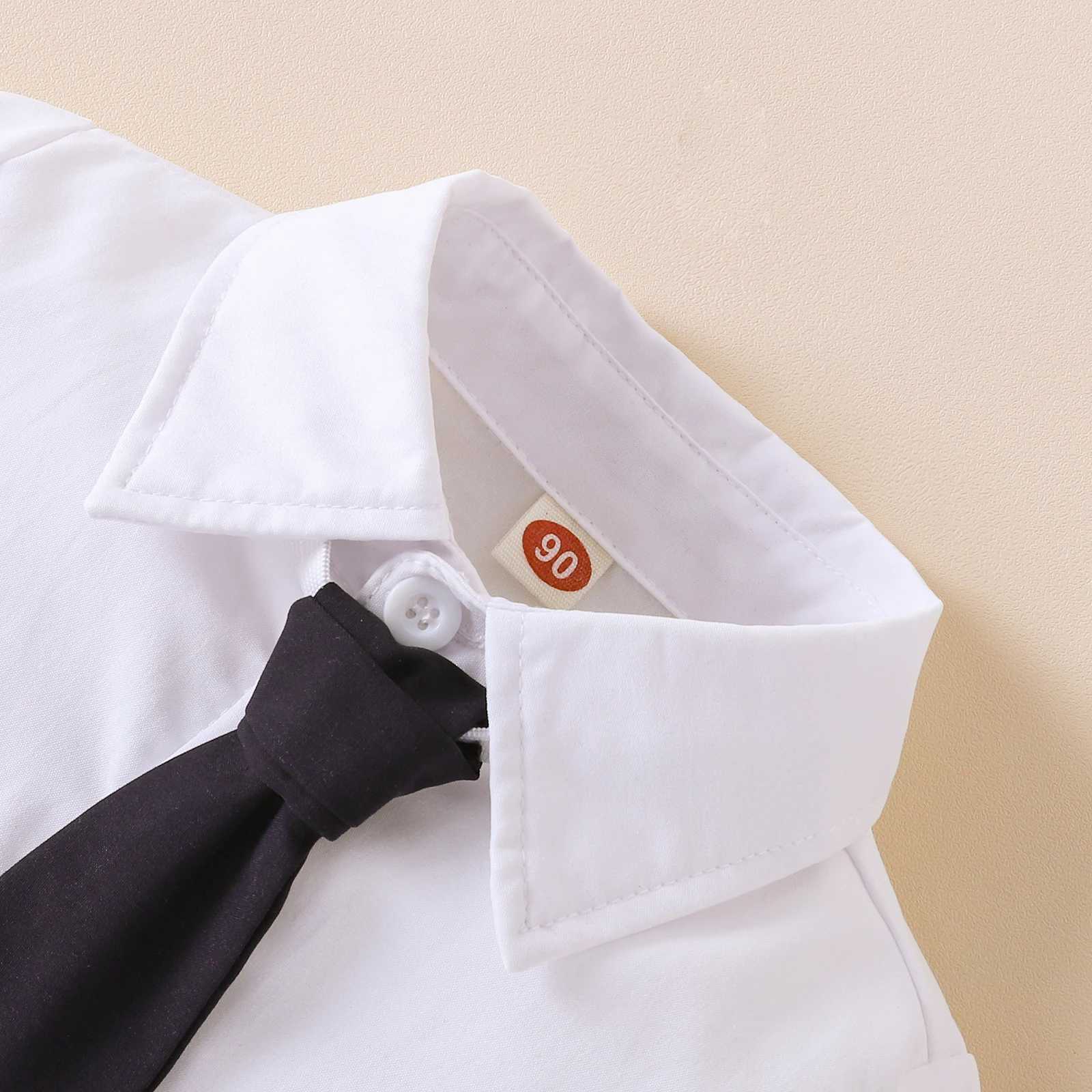 2 Pieces Kids Suit Set Summer Contrast Color Lapel Short Sleeve Shirt with Necktie+ Short Pants for Boys 1-8 Years W250218