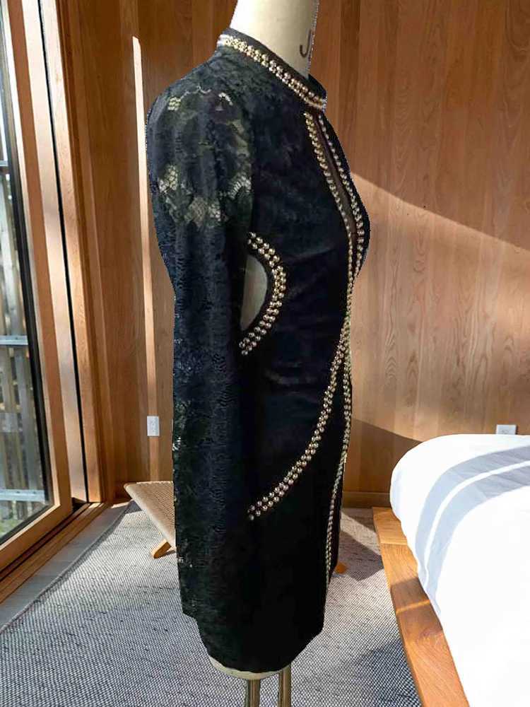 Basic Casual Dresses Rhinestone Decor Contrast Mesh Long Slve Lace Dress Women Sexy Bodycon Party Dress H25217