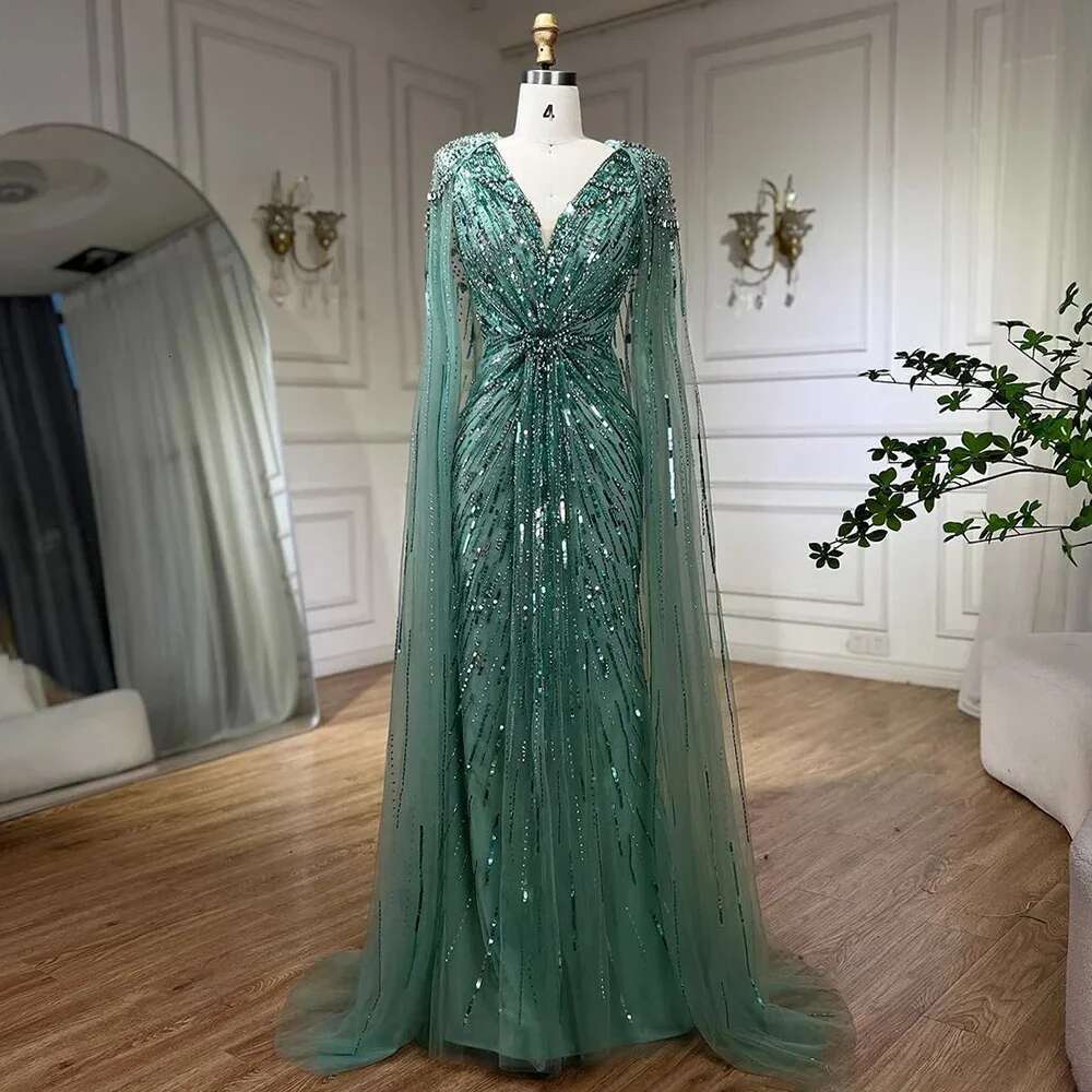 Mermaid Turquoise Evening Dresses Gowns With Beaded Cape Sleeves Design Customize Party dresses