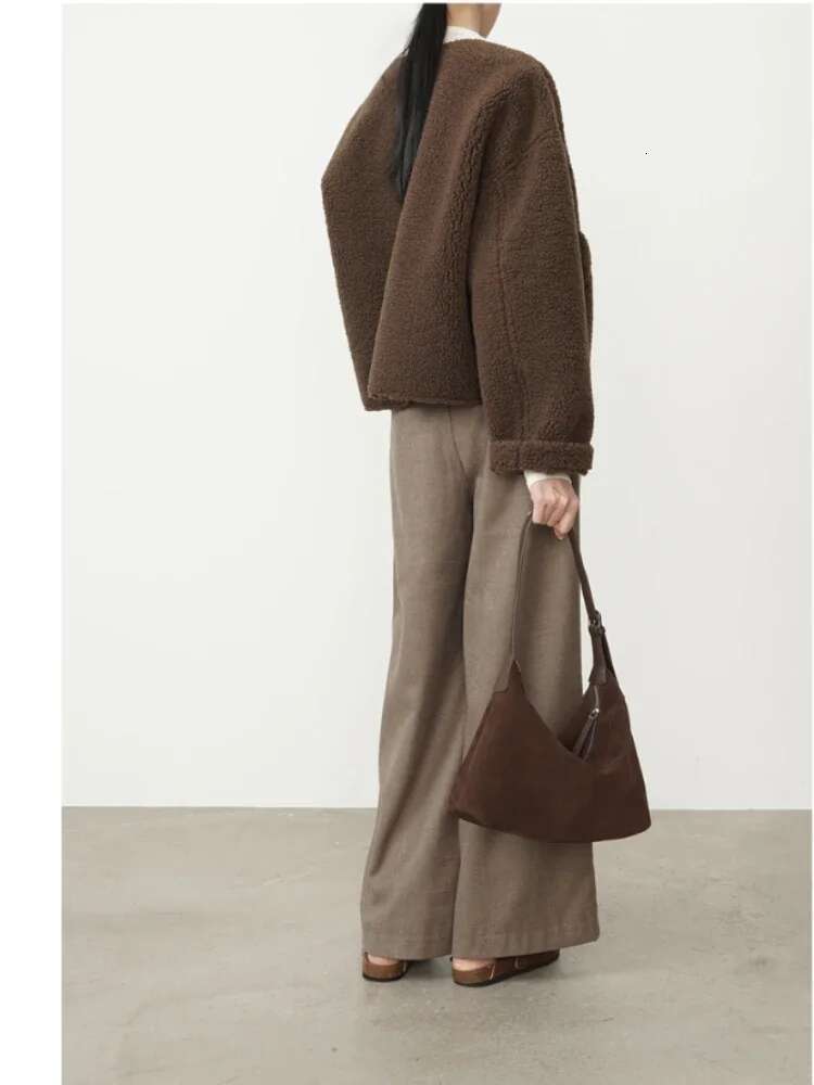 Fashionable Frosted Cow Long Handle Tote Winter Matte Suede Leather Women's Single-Shoulder Bag Grey Commute Handbag