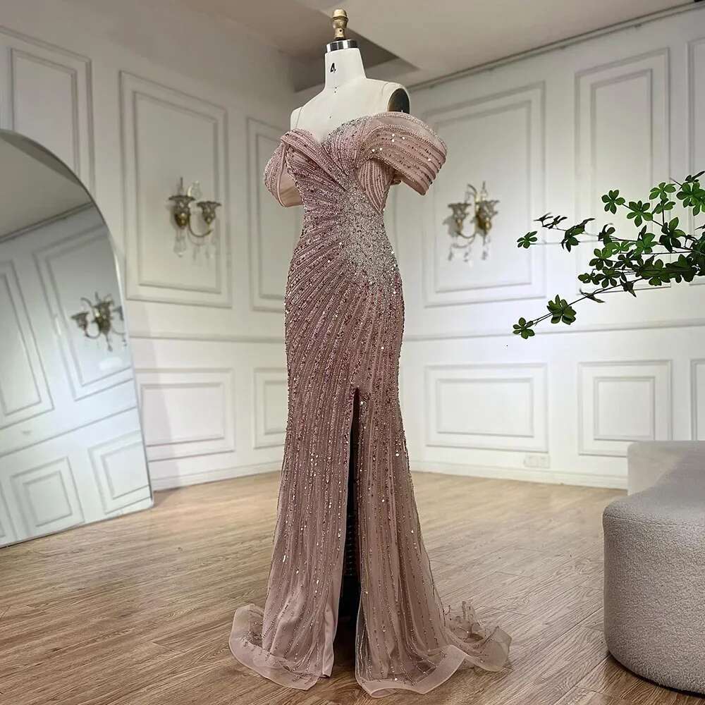 Shoulder Off Pink Mermaid Beaded Evening Dress With Side Split Formal Ocn Saudi Customize BLA