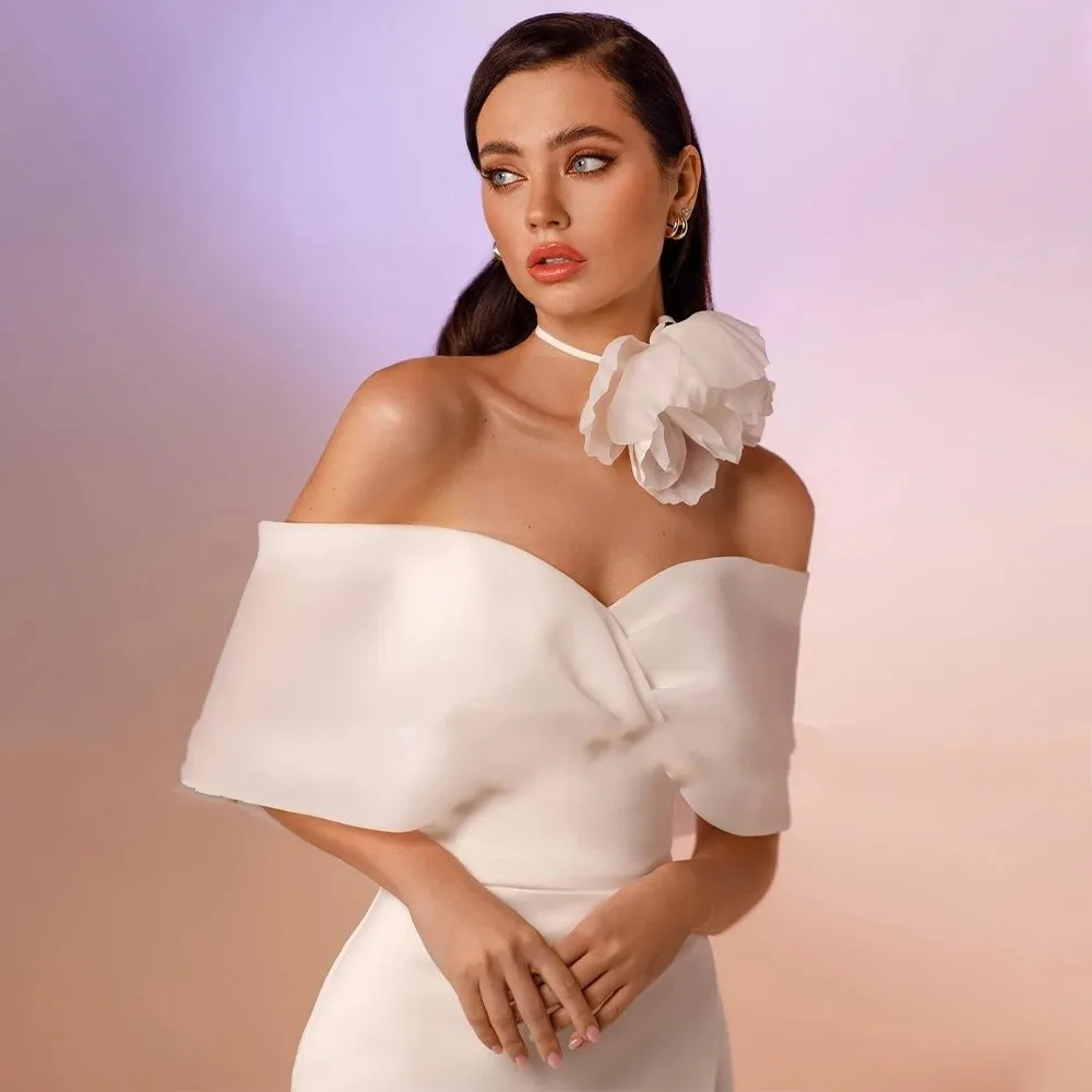 Short Wedding Dress White Satin Off the Shoulder Column Bride Party Gowns Women Tea Length Bridal Guest Dresses Vestidos De Noiva