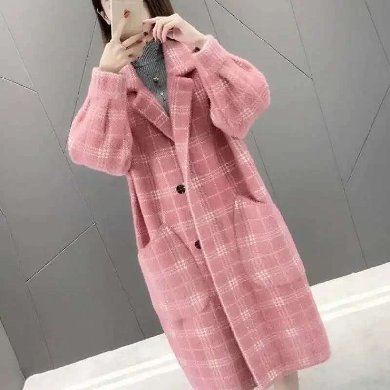 Woolen Medium-Length Plaid Jacket Loose Fit Knit Suit Collar Overcoat New 2024 Autumn/Winter Women's Fashion Outerwear