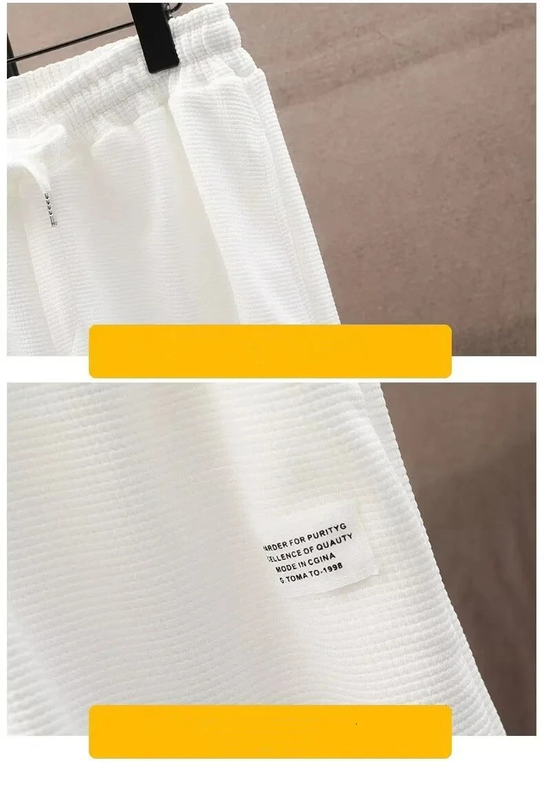 Summer Trend Loose Solid Color Breathable Mens Cotton Casual Short-sleeved Drawstring Pants Two-piece T-shirt Set 250217