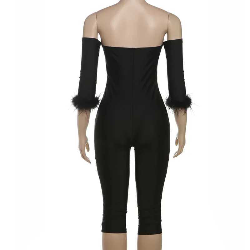 Basic Casual Dresses 2025 Spring Women Elegant Sexy Playsuits Strapless Off Shoulder Feather Half Slve Tight Kn-length Pants Club Party Rompers H25217