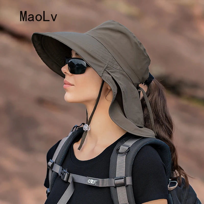 Summer Hat Women Outdoor UV Anti Neck Protection Sun Visor men Fishing Hiking Wide Brim Shawl Sunscreen Ponytail Cap undefine 250218