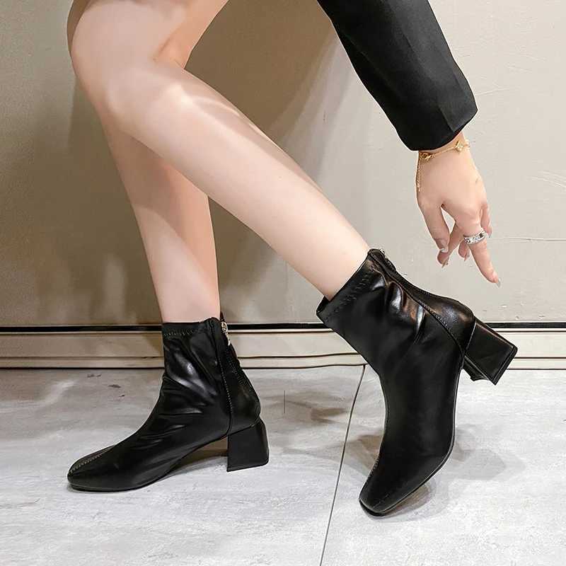 Womens Thick Heel Medium Heel Boots Womens 2024 New Winter Square Toe Back Zipper Increased Casual Short BootsXJ250217