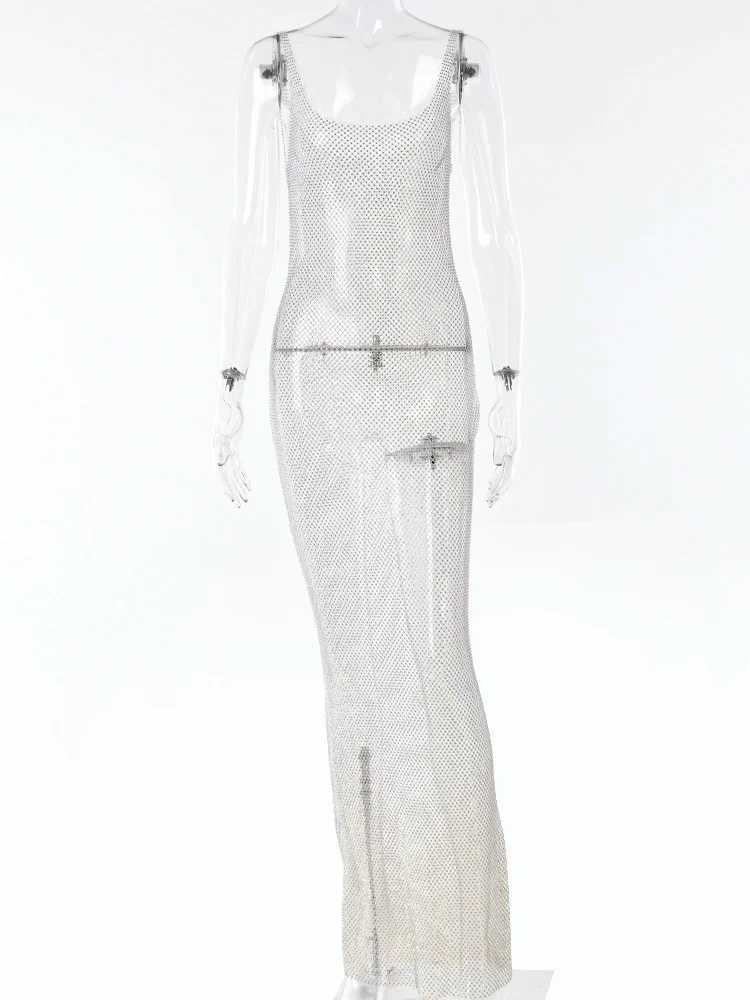 Basic Casual Dresses Fantoye Glitter Crystal Diamond Fishnet Women Dress Black Slveless S Through Maxi Dress Female Slim Hot Girl Party Clubwear H2521