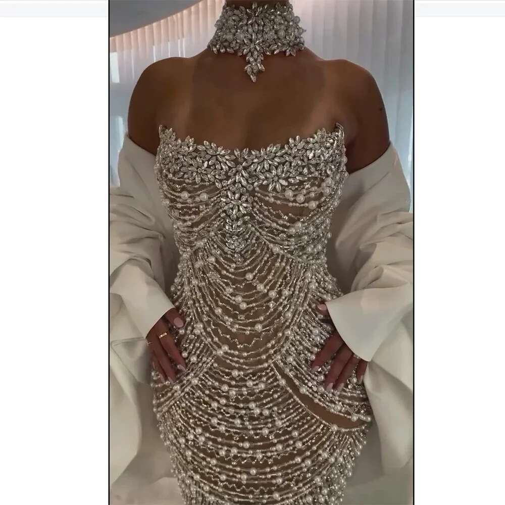 Beaded Saudi Evening Dresses Gowns White Mermaid For Women Evening Party BLA Customized