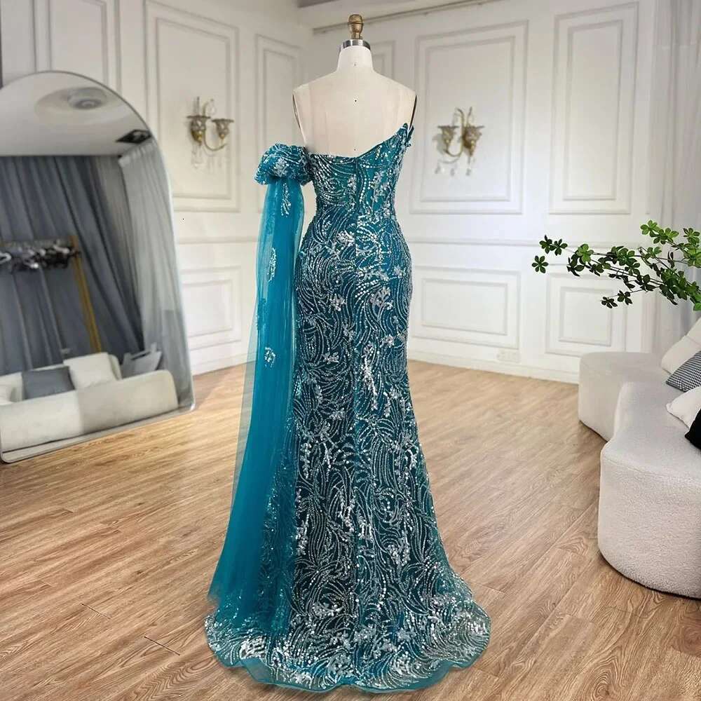 Green Customized One Shoulder Beaded Mermaid Evening Dress With Side Cape Sleeves For Formal Ocn BLA mal