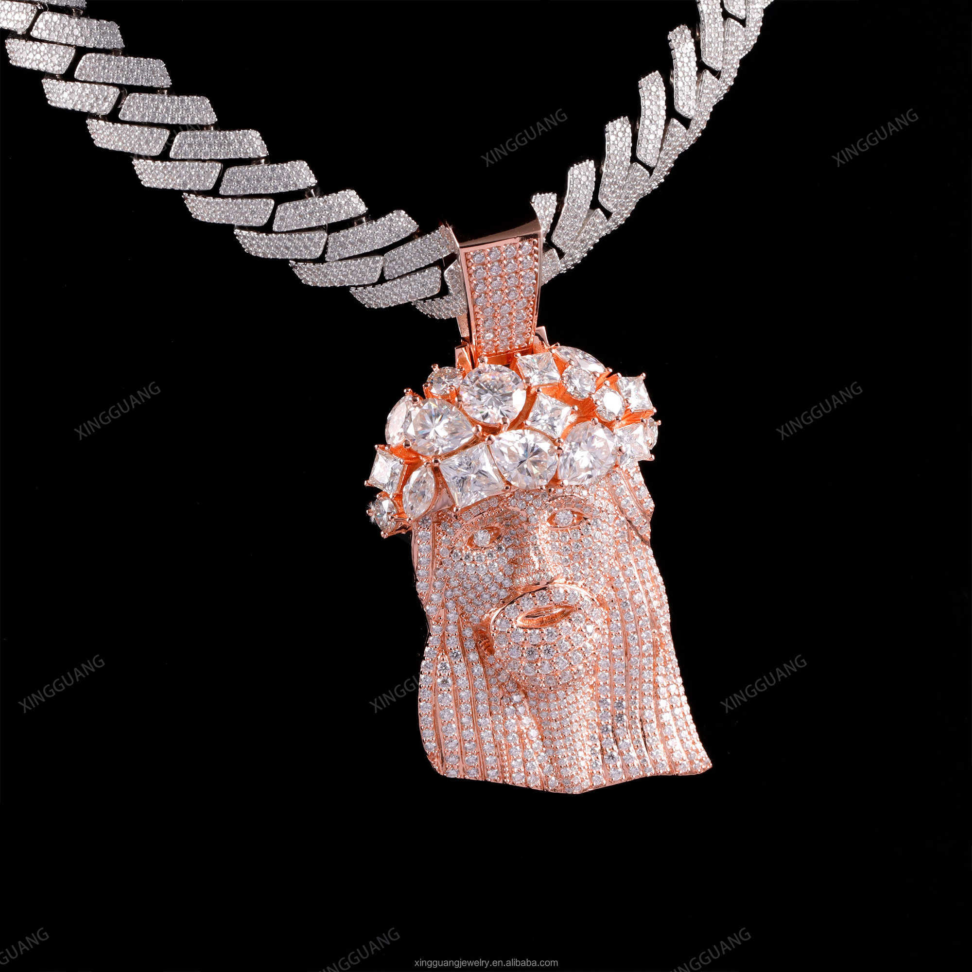 XingGuang 925 Silver Iced Out Moissanite Jesus Pendant 18K Rose Gold Plated Hip Hop Jewelry Moissanite Diamond Jesus Pendant