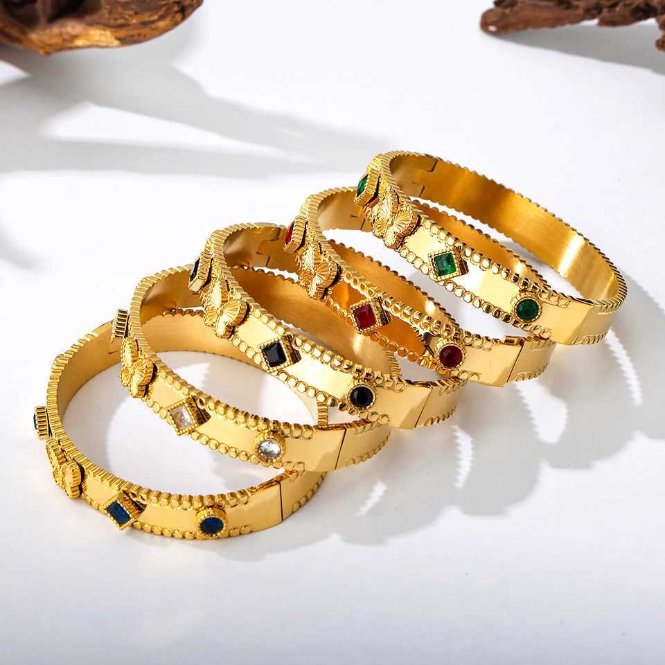 Bangle Multi shaped colored glass stone open bracelet 18k gold-plated stainless steel womens cuff H250217