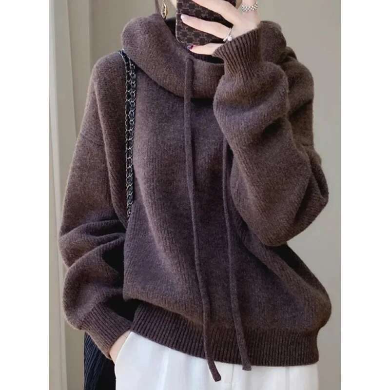 Comfortable Soft And Supple Hooded Thickened Knitted Top Autumn/Winter New Style Warm Slimming Versatile Sweater Jacket For Wome