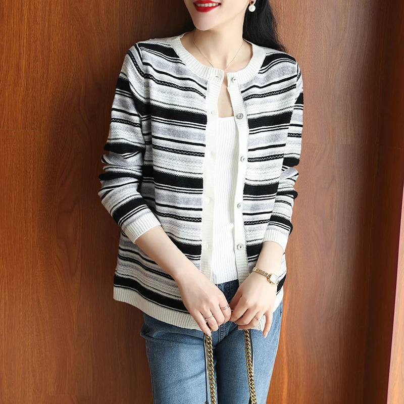 Foreign trade export coat spring and autumn wool cardigan womens Round neck knitted sweater female striped outer wear top 250211