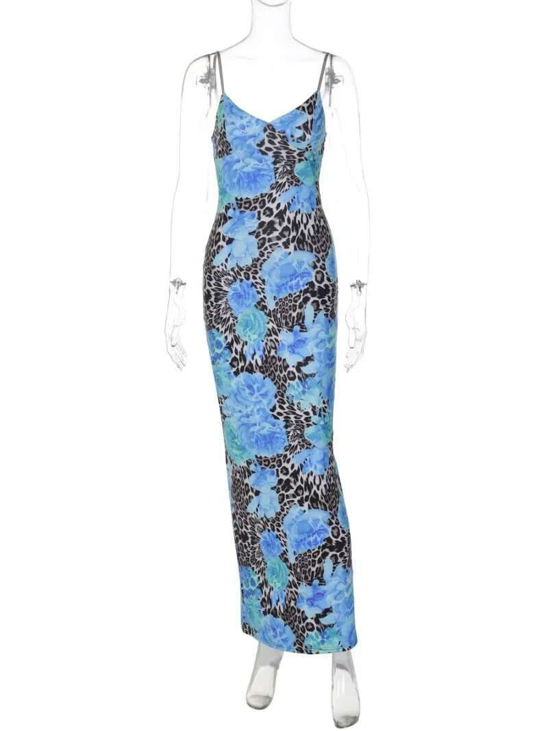 Woman Clothing Leopard Print Slip Dress Y2k Streetwear Sexy Sleeveless Backless Bodycon Ral Long Dresses Blue Party Vestidos