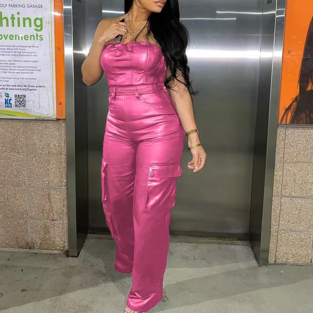 New Womens Jumpsuits 2025 Slim Sexy Off Shoulder Bra Tight Waist Wrapped Pu Leather Bodysuit 6 Colors