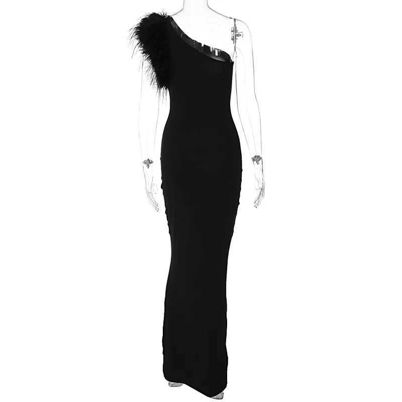 Basic Casual Dresses Lygens Graphic Feather One Shoulder Elegant Midi Dresses Winter Evening Party Club Ladies Y2K Dropshipping New Wommen Clothes H25