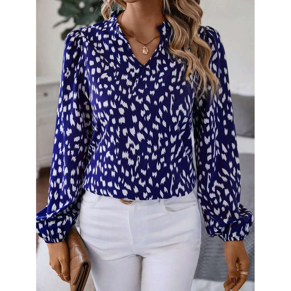 Elegant Notched V-Neck Long Sleeve Full Printed Casual Fashion Women's Shirt