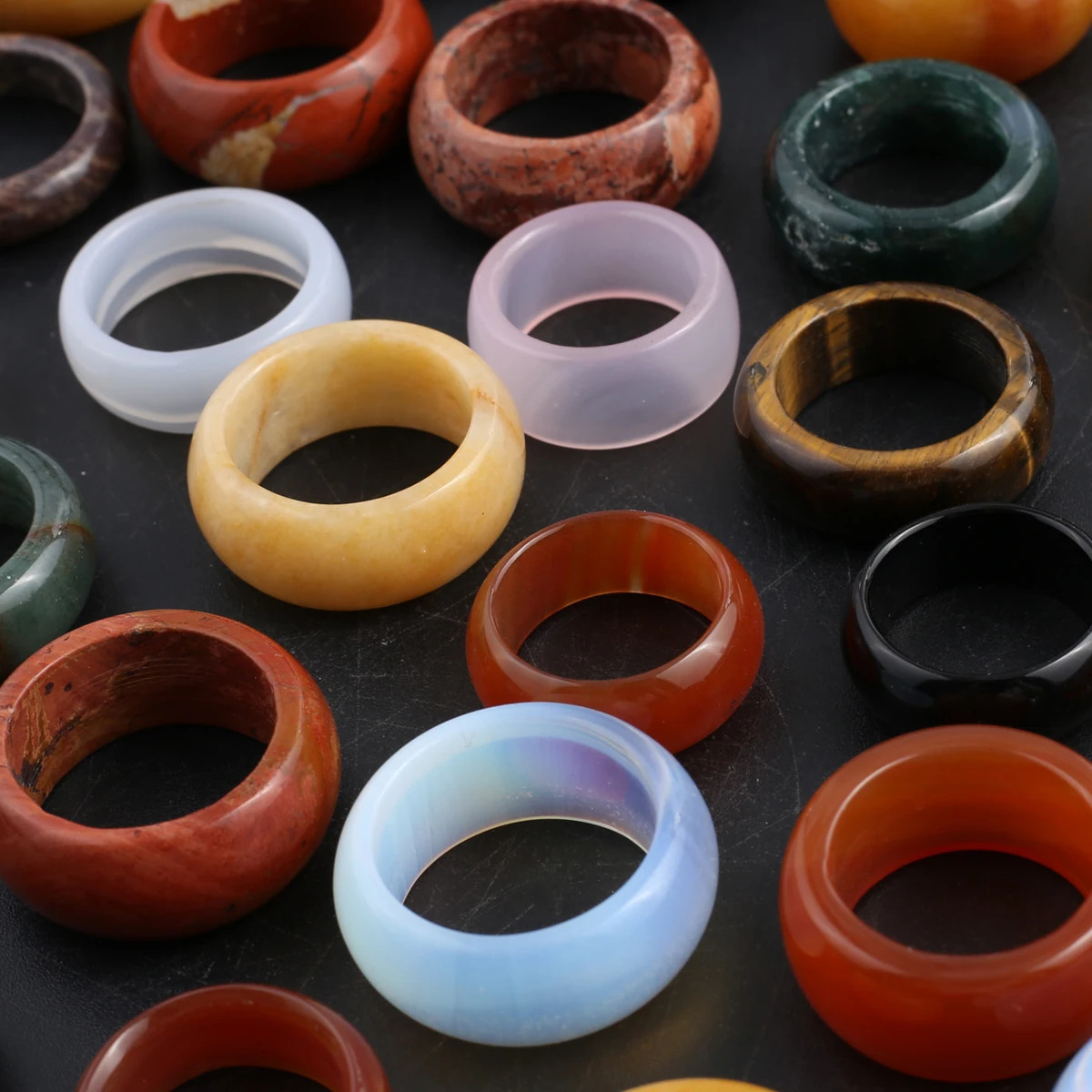 10 PCS Wholesale Natural Stone Ring Agate Unakite Jade Flat Ring 23x9-28x12mm Charm Jewelry Women and Mens Accessories Gift 250213