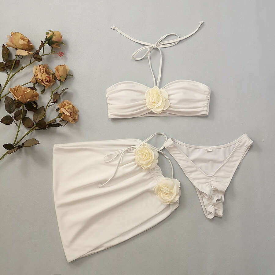 Hot Selg Milk White wer High Quality Beach Vacation Style Three Piece Set for Women, Bikini 2025 New Casual Fashion Trendy Clothing