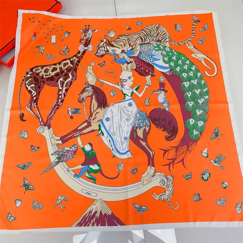 90CM Animal Party Handmade Curled Twill Silk Scarf Womens Curled Square Scarf Foulard Womens Baotou Scarf 250213