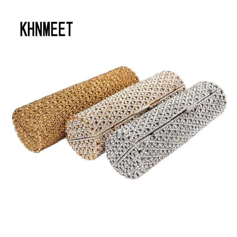 Golden Cydrical Crystal Purse Clutch Bags Prom purse Sier sparkly diamante banquet Bride Wedding Party bag SC484