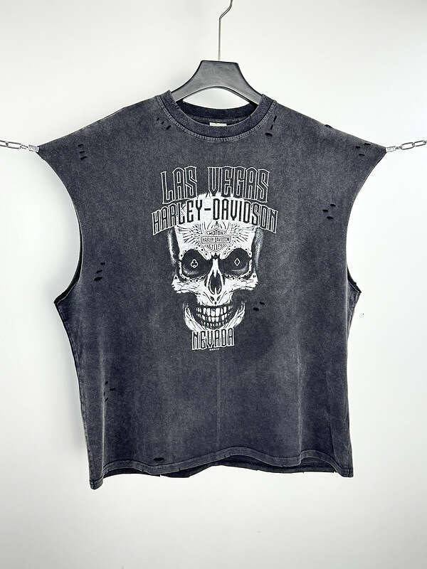 New American style hand water tank top, worn out, washed with white ink, direct spray printed short sleeved T-shirt