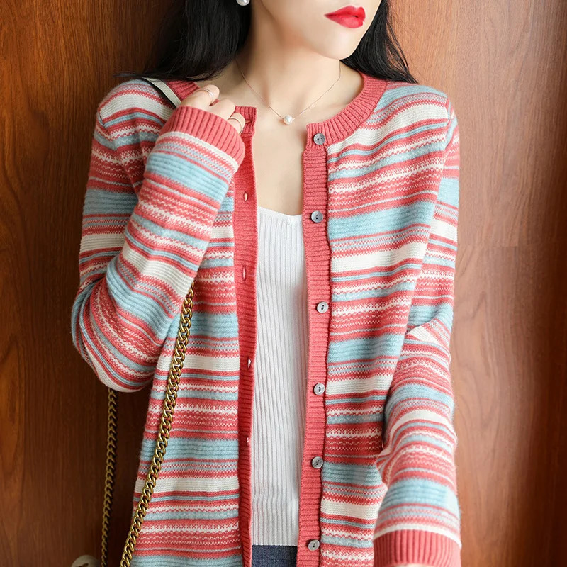 Foreign trade export coat spring and autumn wool cardigan womens Round neck knitted sweater female striped outer wear top 250211