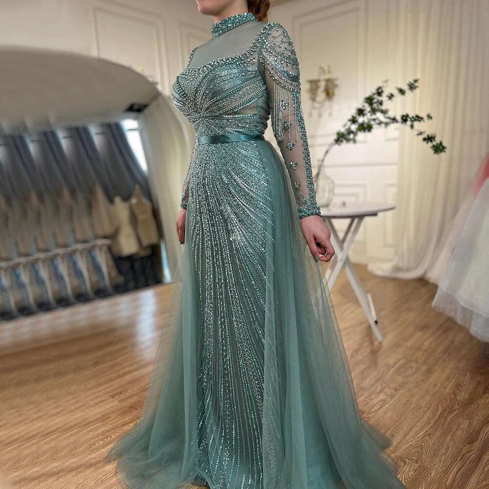 Muslim Nude Mermaid Elegant Evening Dresses Gowns Beaded Tassel Customize Party BLA