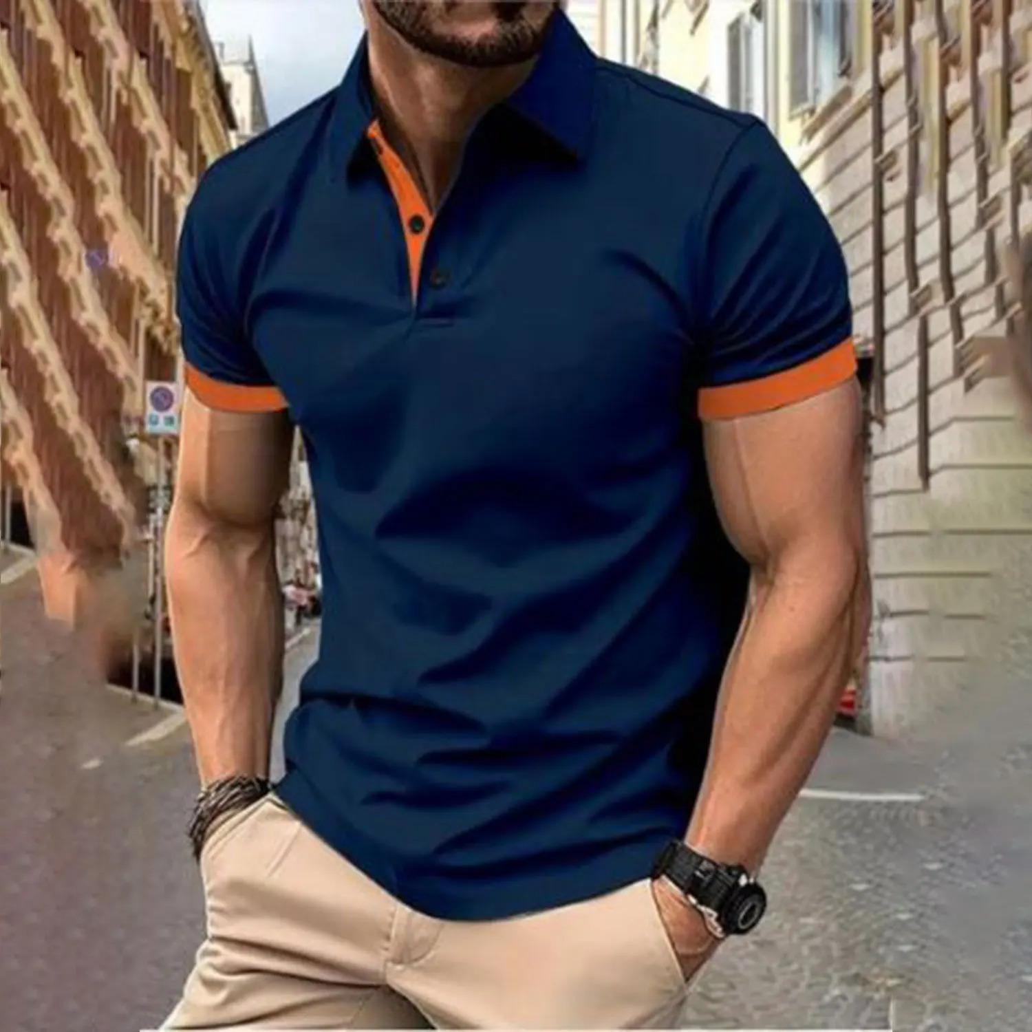 Mens short sleeve color matching fashion with mens lapel short sleeve 250217