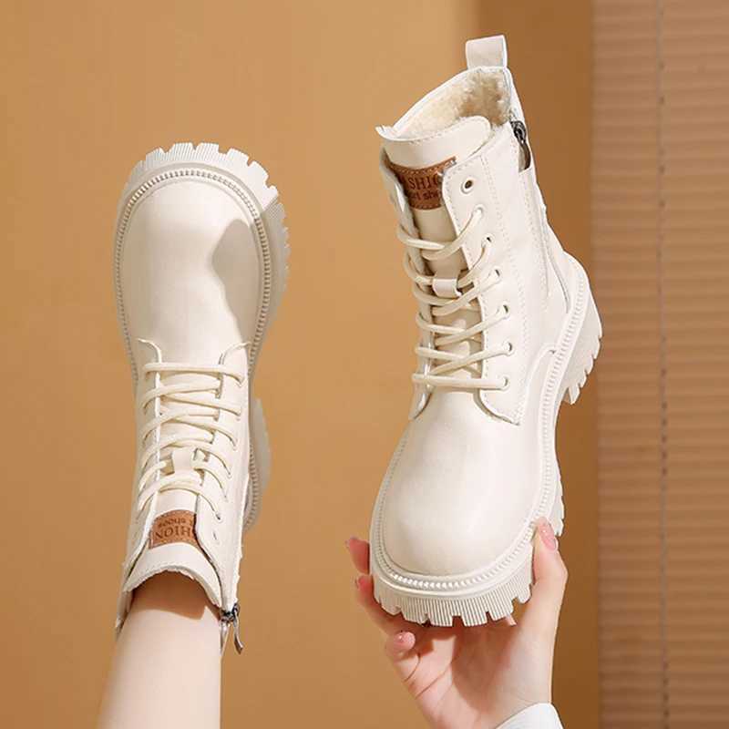 Warm Short Plush Pu Leather Ankle Boots Women Autumn Winter Platform Combat Boots Woman Thick Sole Zipper Lace Up Botas MujerXJ250217