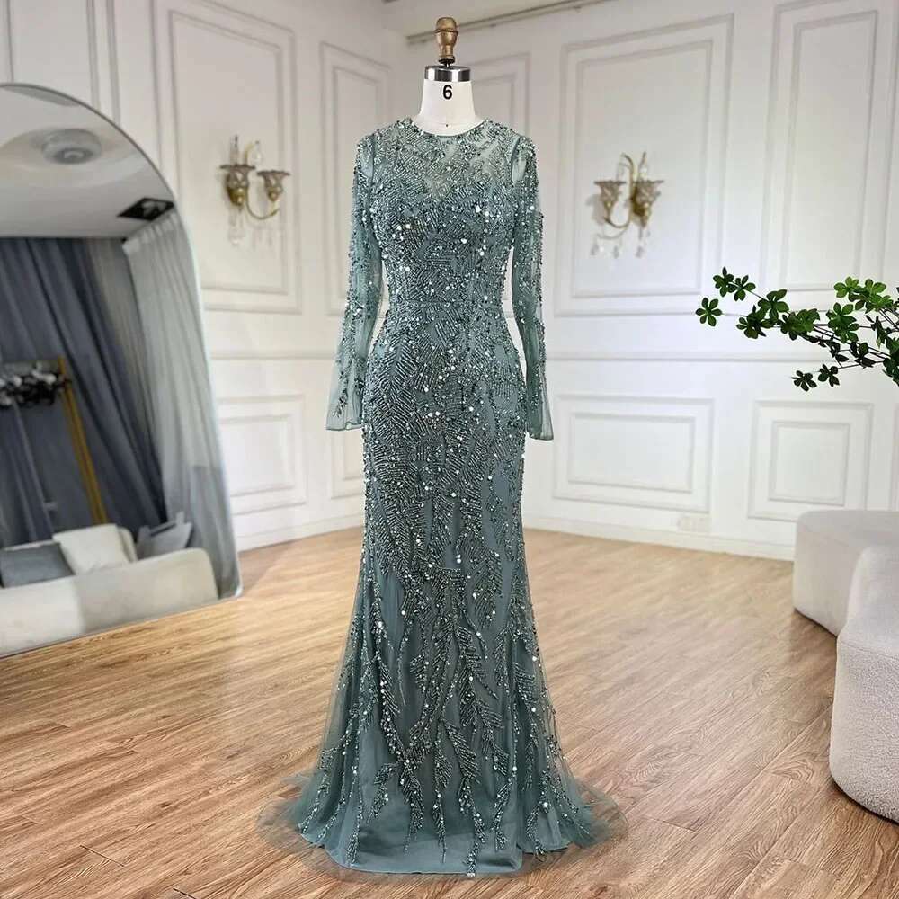 Turquoise Arabic Mermaid Gown With Tulle Overskirt And Beaded Evening Gowns Customize Wedding Party BLA s