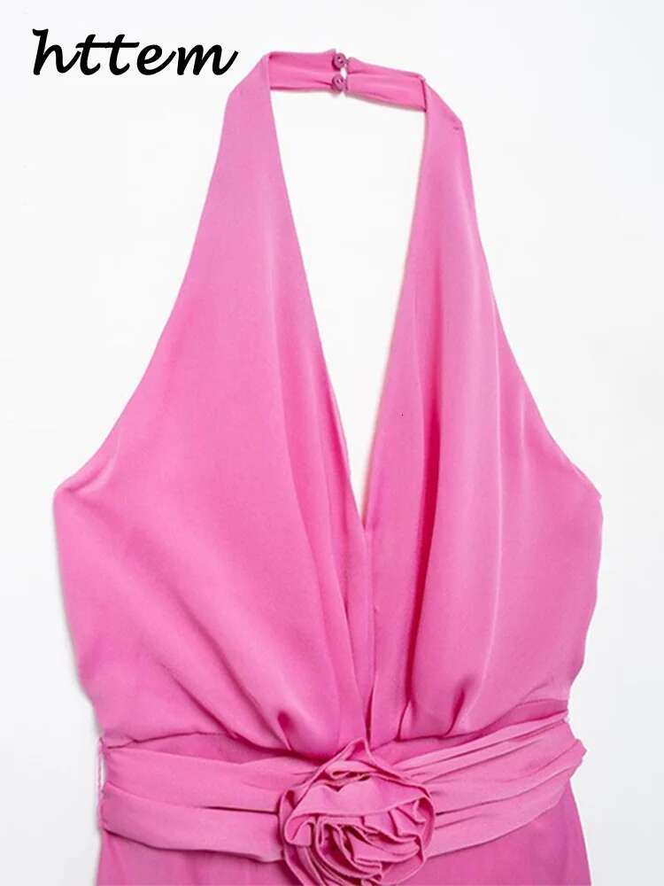 Elegant 3D Wers Halter Party Dress Women Sexy Backless Sleeveless Lace Up Pleated Dresses 2024 Summer Lady Solid Evening Robe