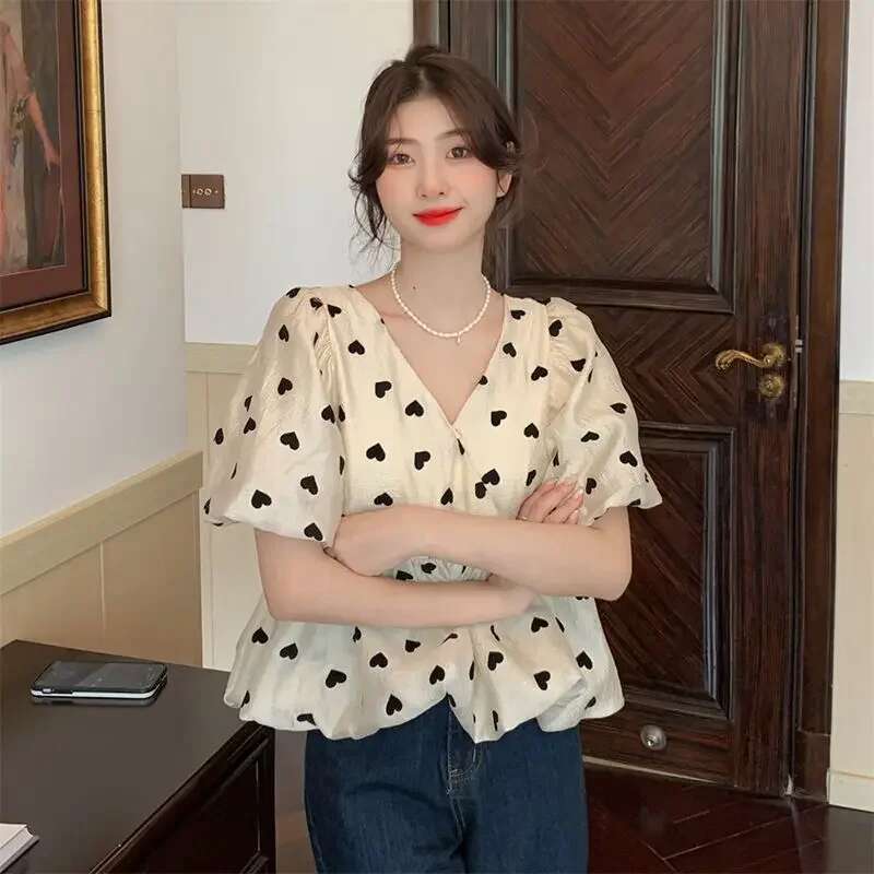 Women Clothing Sweet V Neck ral Shirt Tops Summer New Short Sleeve Print Pleated Loose Temperament T Shirts Fashion Vintage