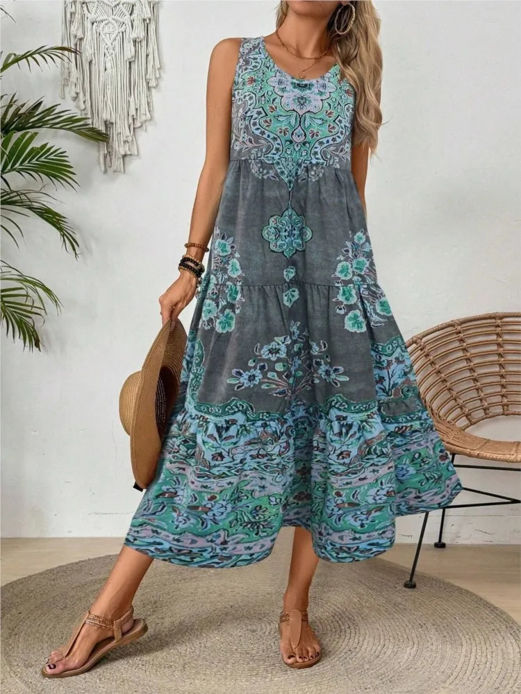 Womens Bohemian Holiday Dress Fashion Printed O-neck Sleeveless Dress Womens Casual Retro Beach Loose Dress Womens Summer Style 250213