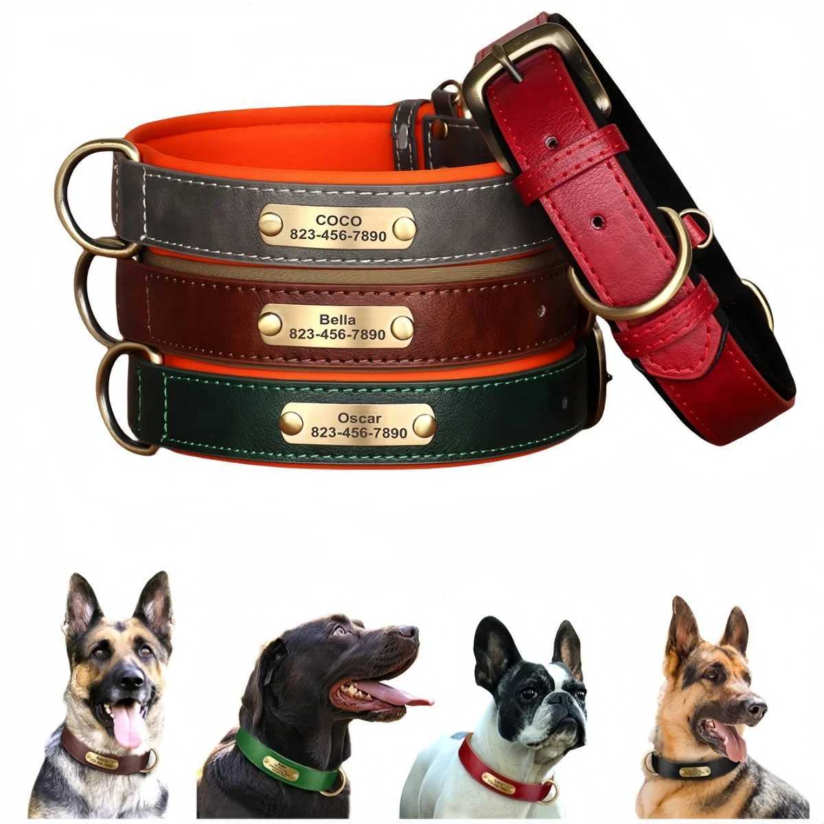 Dog Harnesses Customized Dog Collar Custom Engraved PU Leather Dog Collars Free Engraving ID Tag Nameplate For Small Medium Large Dogs H250217