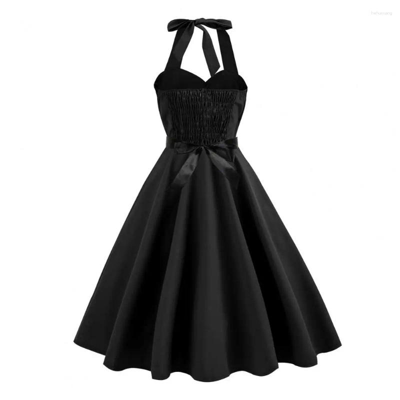 Casual Dresses Halter Neck Pleated Waist Dress Women Long Elegant Lace-up A-line Midi For Retro Cocktail